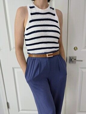 Madewell White and Navy Crochet Stripe Tank